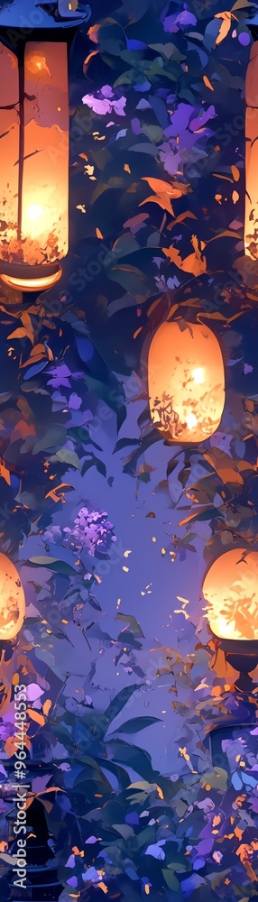Glowing paper lanterns in a tranquil night garden, capturing a sense of peace, garden glowtime, soft and calming Glowing paper lanterns in a tranquil night garden, capturing a sense of peace, garden glowtime, soft and calming
