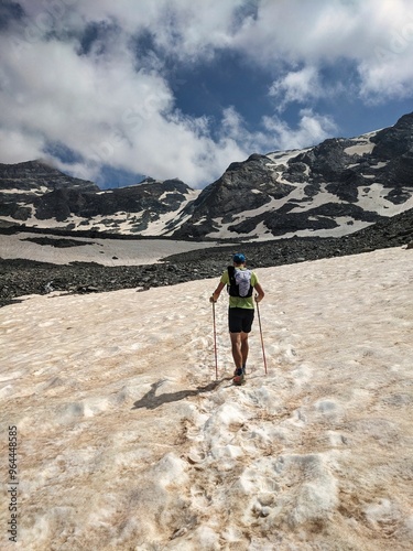 Trail run on the Theodul Pass from Breuil-Cervinia Italy with a view of the glacier and Zermatt Switzerland. Beautiful hiking and trailrunning area near Cervino Matterhorn. Theodulpass.