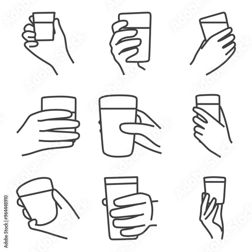 hand holding glass cup, line art, icon set