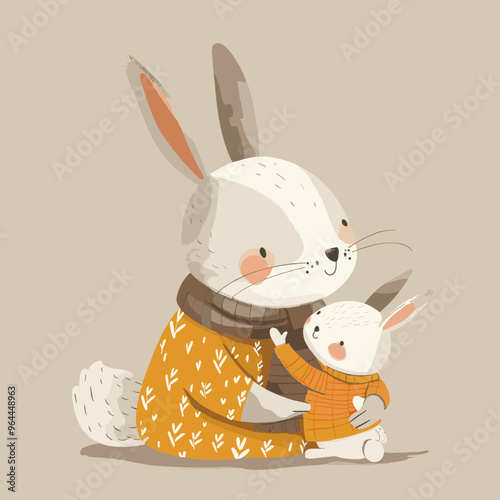 Cute little bunny with his mother. Vector illustration