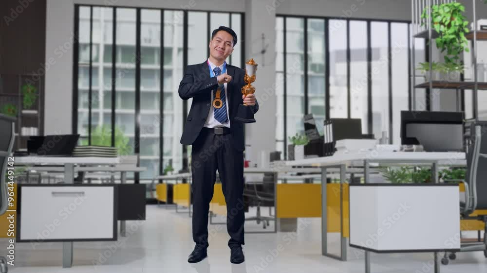 Full Body Of Asian Business Man In A Suit And Tie With A Gold Medal Showing Gold Trophy To Camera, Smiling, And Pointing Himself Being Proud Being Winner In Office Full Body Of Asian Business Man In A Suit And Tie With A Gold Medal Showing Gold Trophy To Camera, Smiling, And Pointing Himself Being Proud Being Winner In Office
