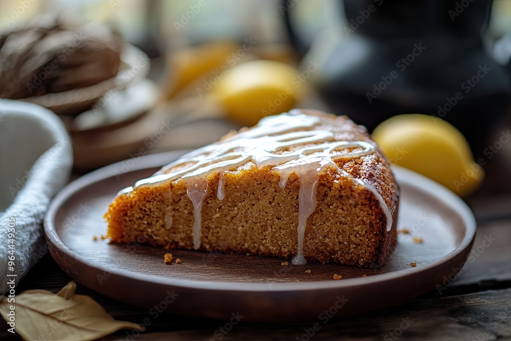 A slice of moist spiced gingerbread drizzled with a tangy lemon glaze, set on a rustic plate A slice of moist spiced gingerbread drizzled with a tangy lemon glaze, set on a rustic plate