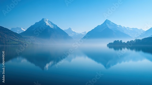 Mountain Reflections in a Still Lake with Morning Mist