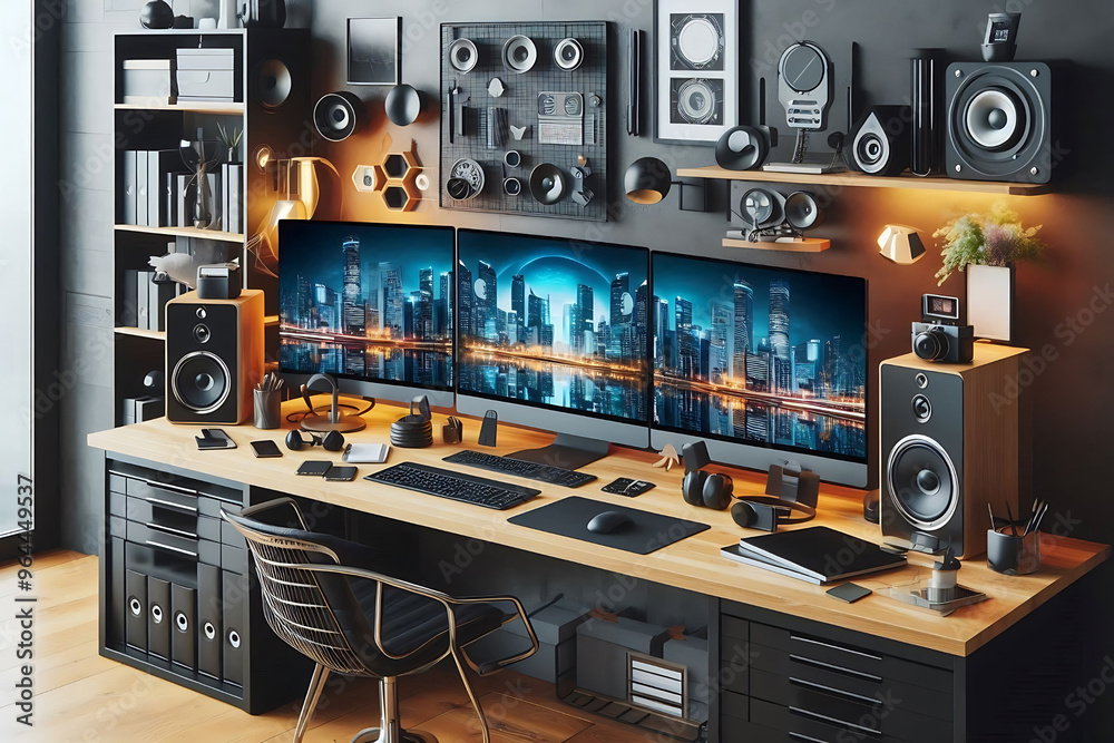 High-Tech Office with Multiple Monitors High-Tech Office with Multiple Monitors