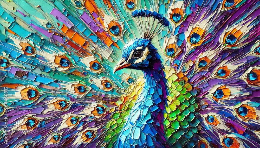 Fototapeta premium An oil painting of a peacock using thick, impasto brush strokes