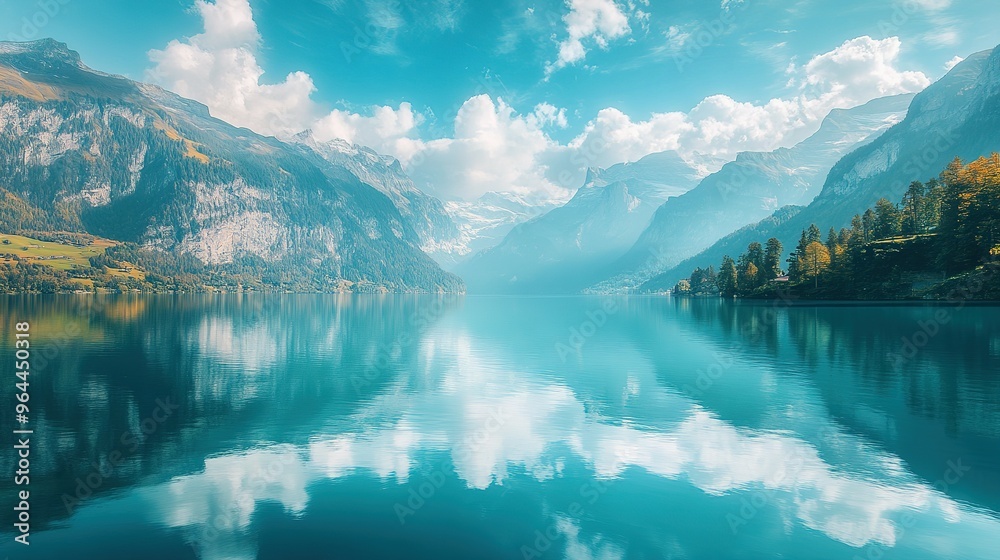 Naklejka premium Serene Mountain Lake Reflecting Clouds and Sky
