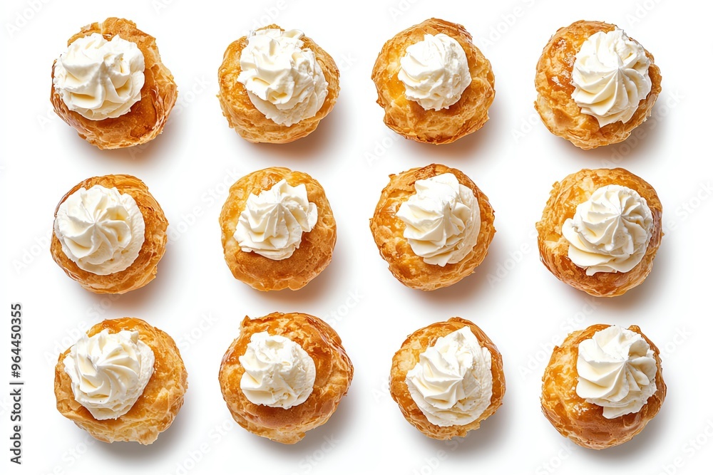 a whole view of multiple cream puffs on isolated white background, view from above, editorial photography a whole view of multiple cream puffs on isolated white background, view from above, editorial photography
