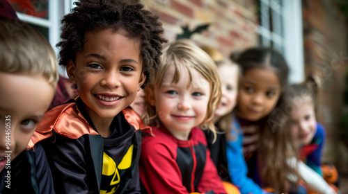 Group of children dressed in Halloween costumes with face paint, capturing the festive and creepy spirit of the holiday. Kids trick or treat in Halloween costume. Happy Halloween.