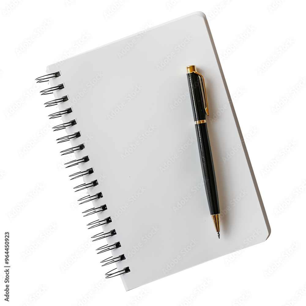 Elegant black pen over an open blank spiral notebook on a white background, perfect for office, school, or study uses. Elegant black pen over an open blank spiral notebook on a white background, perfect for office, school, or study uses.