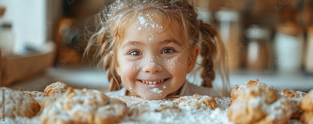 A child baking cookies with messy hands and flour on the face, delighted with the process against a white kitchen counter.