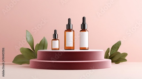 Elegant display of amber dropper bottles on a pedestal with lush green leaves