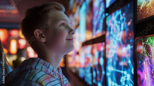 Slavic student with fair hair and blue eyes proudly displaying artwork created with the help of a neural network.