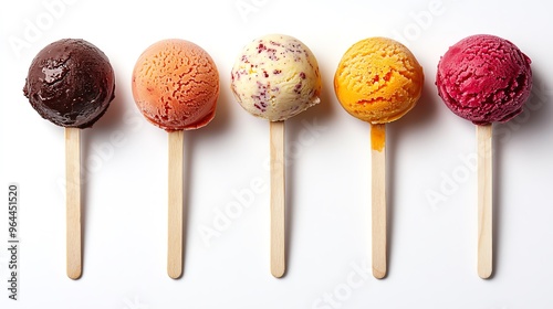 a whole view of multiple sorbets on isolated white background, view from above, editorial photography