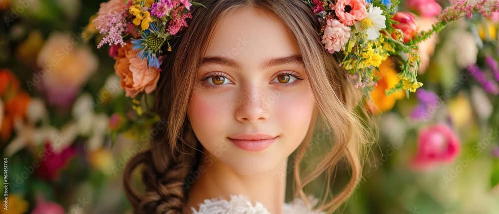 Joyful Floral Celebration with Happy Young Woman in Rustic Garden Setting Joyful Floral Celebration with Happy Young Woman in Rustic Garden Setting