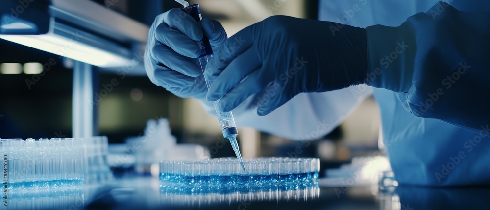 High-definition close-up of a scientist administering a solution into bioengineered cells, the sterile lab environment highlighting the precision of the procedure High-definition close-up of a scientist administering a solution into bioengineered cells, the sterile lab environment highlighting the precision of the procedure