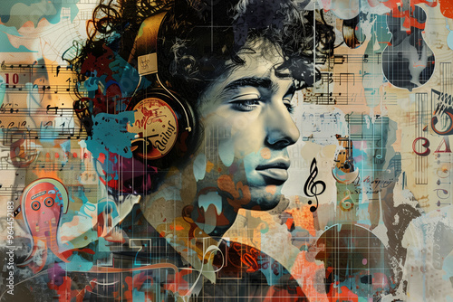 Collage featuring an artistic portrait of a young person deeply immersed in music.