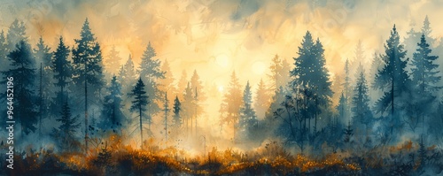 Abstract foggy forest with sunlight breaking through in watercolor.