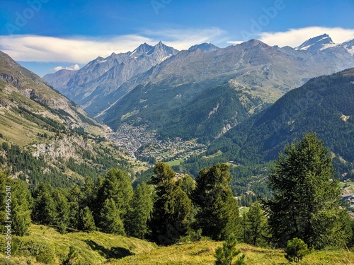 Beautiful view above Zermatt. Beautiful mountain panorama in Valais Switzerland. Hiking in the Alps. High quality photo.