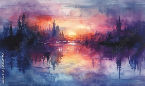 Watercolor abstract twilight reflections on white.