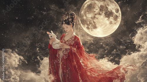 A traditional Chinese painting of Chang'e and the Jade Rabbit standing on the moon, surrounded by swirling fairy clouds, a design element suitable for the Mid-Autumn Festival. photo