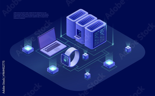 3D Isometric Map of Data Network Management: Cloud Storage, Business Servers, Computers, and Device Synchronization