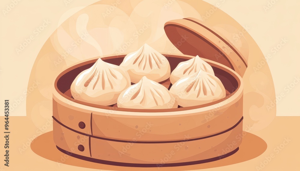 Steaming dumplings in a traditional bamboo steamer.