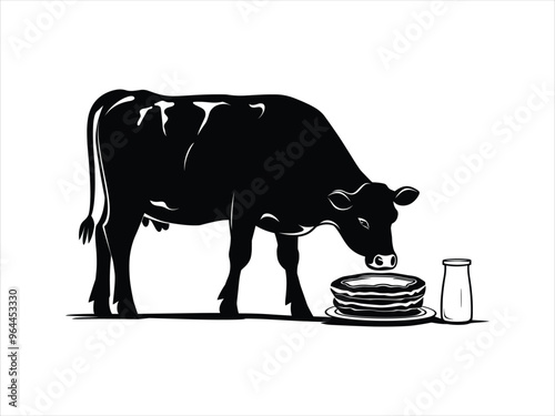 Cow Silhouette Eating Pancakes with Milk – Farm Animal Vector Illustration.