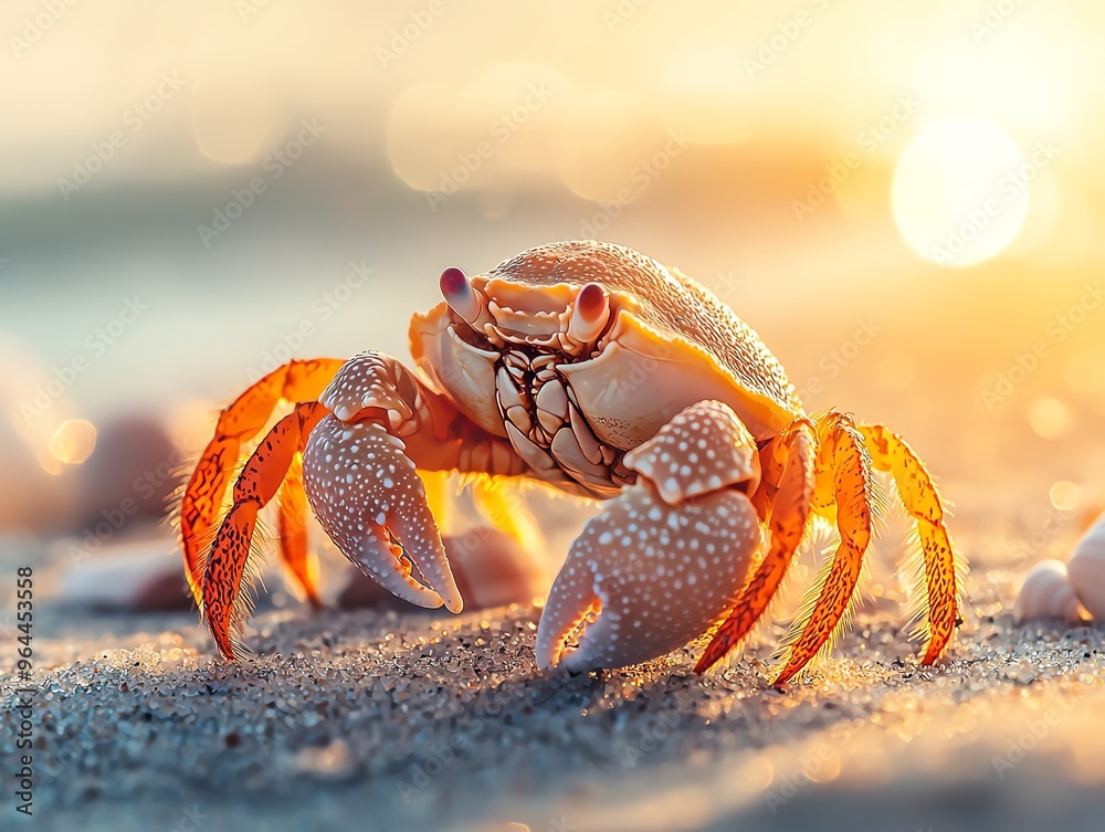 Hermit crab walking on the shore close up, focus on, copy space warm sandy tones, Double exposure silhouette with seashells Hermit crab walking on the shore close up, focus on, copy space warm sandy tones, Double exposure silhouette with seashells