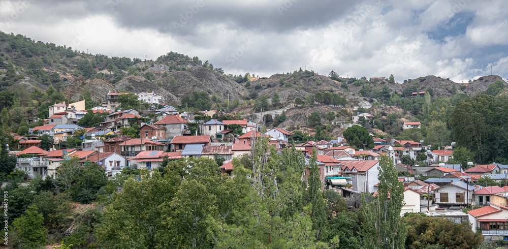 Fototapeta premium w of Phini (Foini), a picturesque, natural beauty, mountainous village in the Troodos Mountains at 920 m ASL, located nearby the town of Platres, Limassol district, Cyprus 