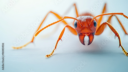 A big red ant is on a plain white surface. It's looking down and munching on something. photo