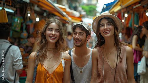 Three smiling friends enjoy a day at a bustling outdoor market, surrounded by colorful stalls and a lively atmosphere. 