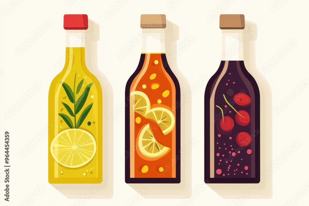 Three glass bottles filled with different flavored oils, each featuring citrus, lemon, and cherry. Three glass bottles filled with different flavored oils, each featuring citrus, lemon, and cherry.