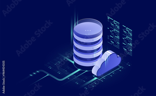 Cloud Storage Isometric Vector: Big Data Flow Processing with Cloud Databases, Web Hosting, and Server Room Icons