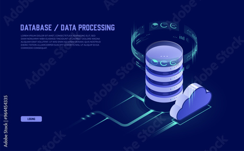 Cloud Databases and Big Data Flow Processing, Isometric Vector Icons for Web Hosting and Server Rooms in Ultraviolet