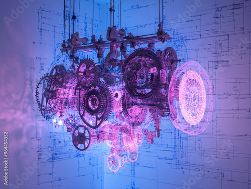 Intricate mechanical structure with gears and cogs suspended in a glowing blueprint-like environment, emphasizing precision engineering and futuristic technology, perfect for digital concepts  photo