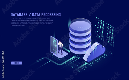 Isometric Vector of Big Data Flow Processing: Cloud Databases, Web Hosting, and Server Room Icons in Ultraviolet
