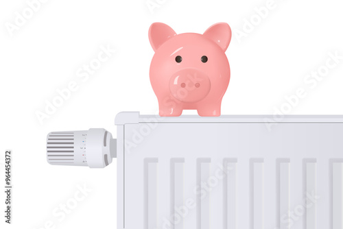 Adjustable heating radiator with a piggy bank showing cost savings