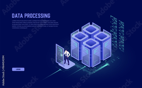 Big Data Processing and Isometric Server Room Concept: Datacenter, Database Icon, and Digital Information Technology