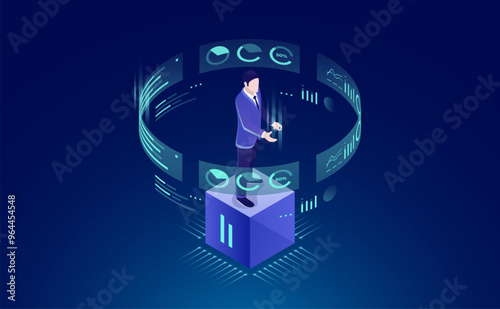 Big Data Chart Analysis in Server Room: Man looks at graphic chart, Business Admin with Virtual Reality Interface, Neon Isometric Illustration