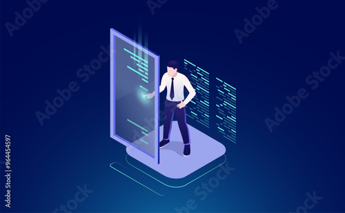 Man working on screen, Big Data Chart: Server Room Admin Explores Business Analytics in Isometric Neon Vector Illustration