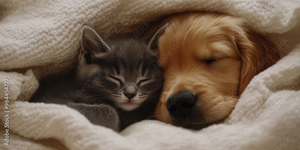 Peaceful golden retriever puppy and kitten snuggled under a soft blanket Peaceful golden retriever puppy and kitten snuggled under a soft blanket