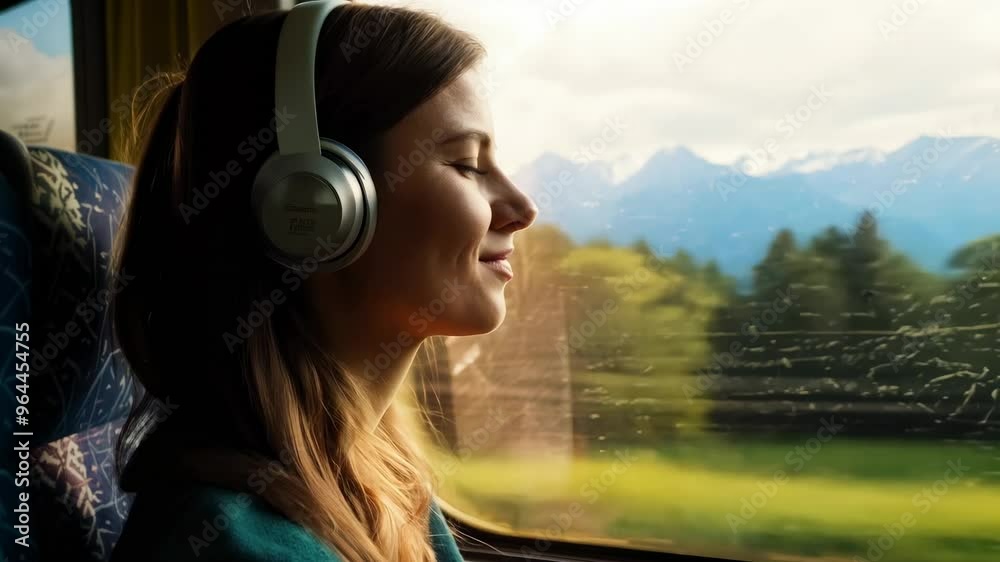 A young Caucasian woman is traveling on a train. She looks out the window at the summer landscape floating past and listening music via headphones. Watching the world blur past in a colorful rush.