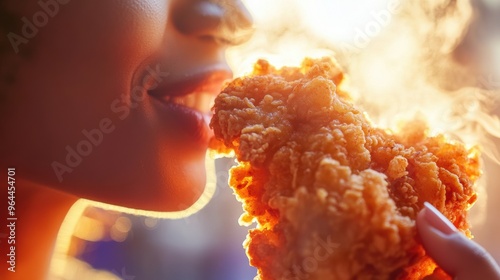 Close-Up of a Woman Eating Crispy Fried Chicken photo