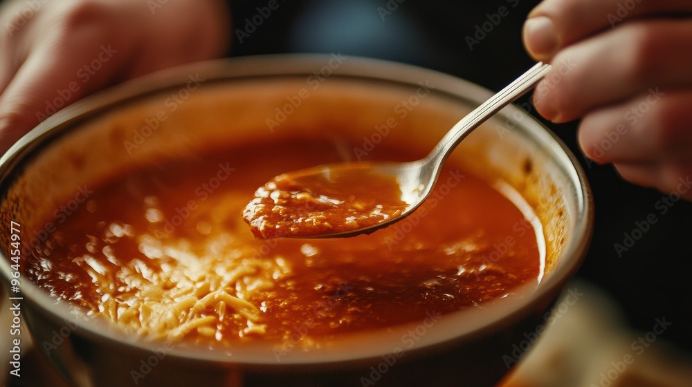 Warm Bowl of Soup with Cheese and Spoon Warm Bowl of Soup with Cheese and Spoon