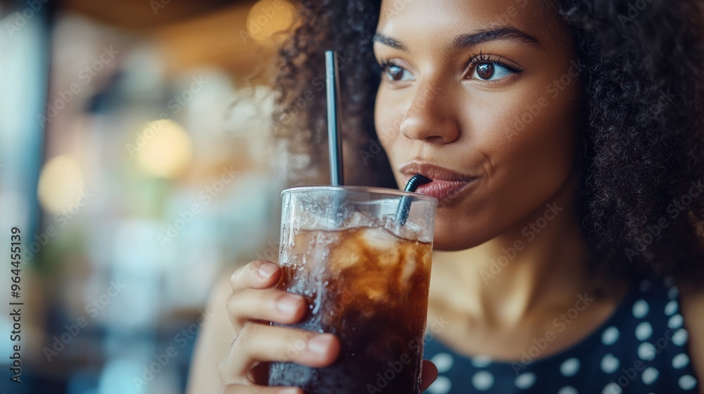 Woman Enjoying Beverage in Cozy Café Setting Woman Enjoying Beverage in Cozy Café Setting