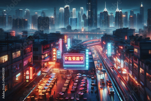 A futuristic cityscape at night