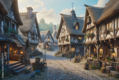 medieval village with cobblestone streets, thatched roofs, and a central marketplace.