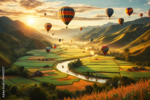 hot air balloon flying over the mountains