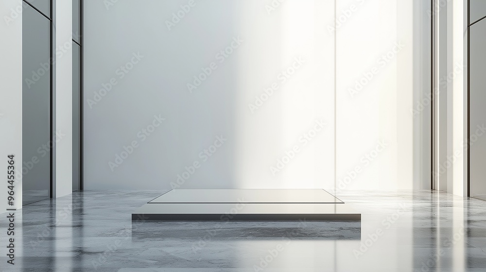 A grand modern luxury space with smooth matte white walls and a blank and empty sleek glass product platform, surrounded by a polished stone floor for product display. A grand modern luxury space with smooth matte white walls and a blank and empty sleek glass product platform, surrounded by a polished stone floor for product display.