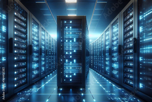 A high-tech server room with rows of servers